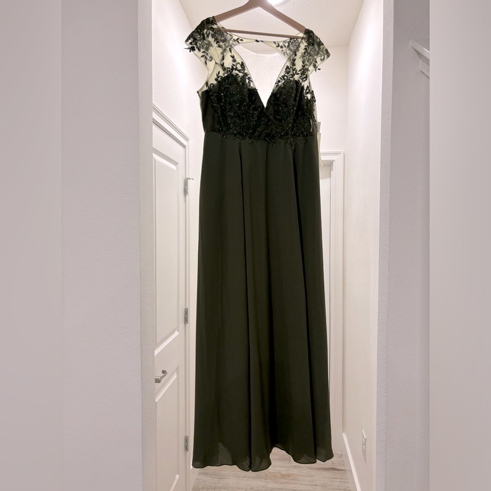 David's Bridal Olive Green and Black Lace Appliqué Maxi Dress